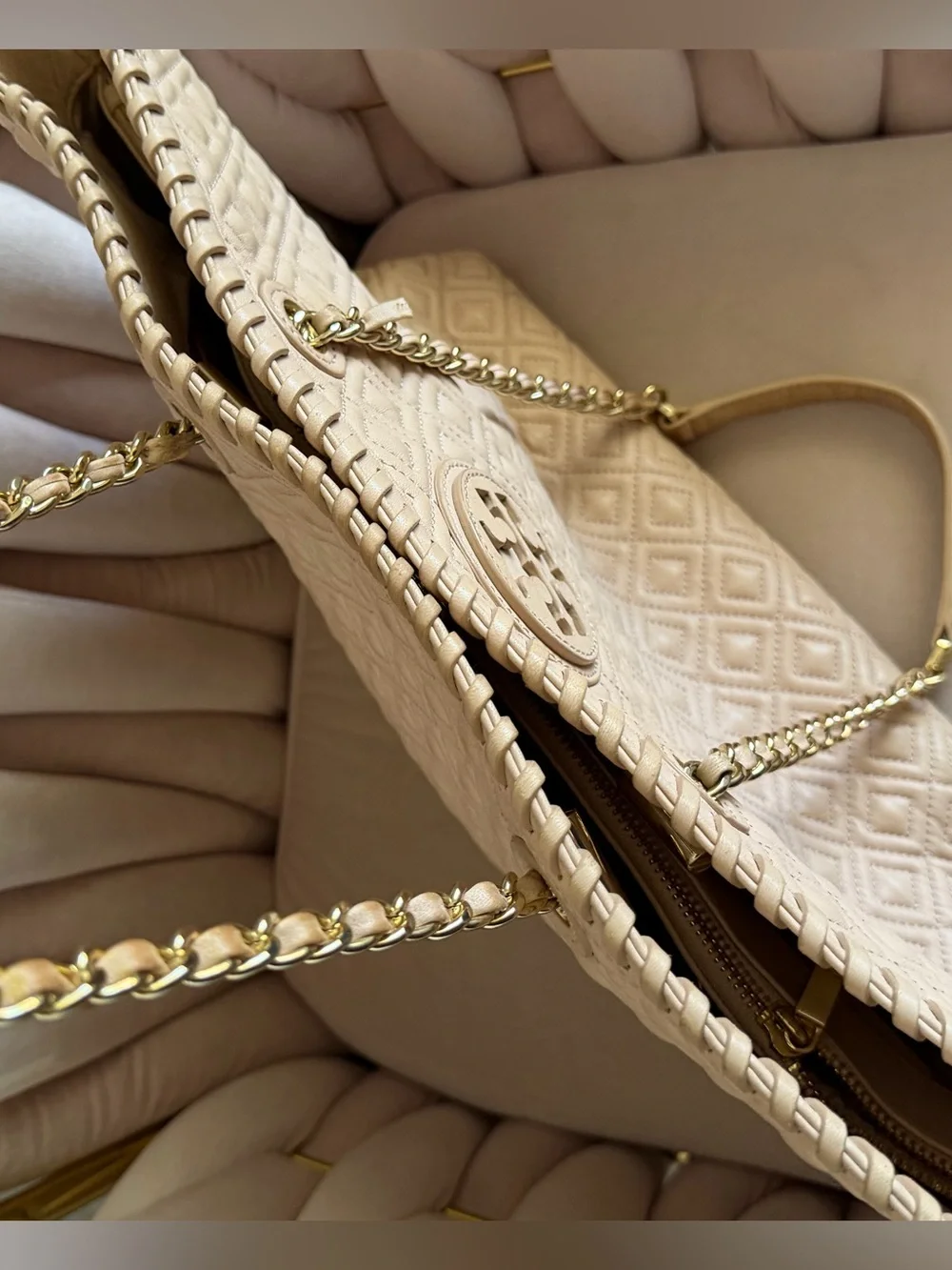 Tory Burch Marion Beige Quilted Leather Tote